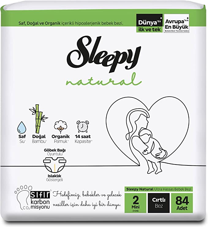 Sleepy Natural Bambou Couches Bébés Double Mini Taille 2 – (3-6kg) 84 Unités