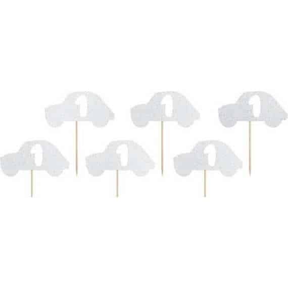 Cupcake toppers VOITURES 1st birthday argenté