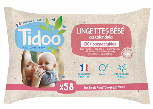 TIDOO LINGETTES BEBE ULTRADOUCES 100% COMPOSTABLE AU CALENDULA SANS PARFUN X 58