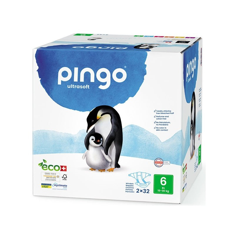 PINGO COUCHES ÉCOLOGIQUES JETABLES JUMBO XL TAILLE 6 (15-30KG) 2X32 COUCHES