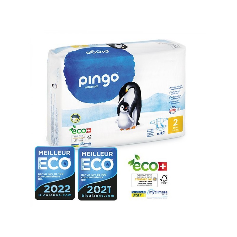 PINGO COUCHES ÉCOLOGIQUES JETABLES MINI TAILLE 2 (3-6KG) 42 COUCHES