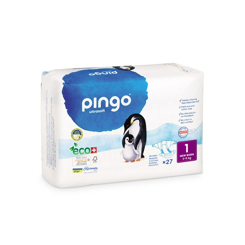 PINGO COUCHES ÉCOLOGIQUES JETABLES NOUVEAU NÉ TAILLE 1 (2-5 KG) 27 COUCHES