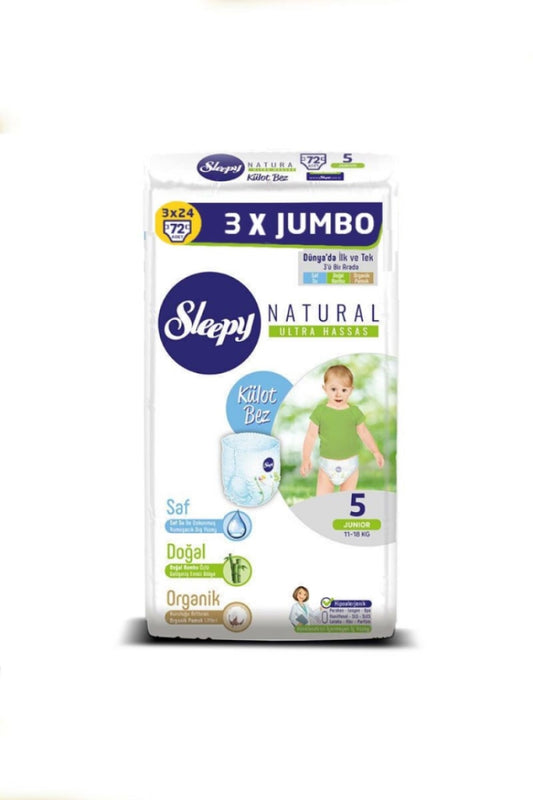 SLEEPY Natural couches culottes d'apprentissage hypoallergénique TRIPLE Jumbo Junior T5, 11-18 KG - Paquet de 72
