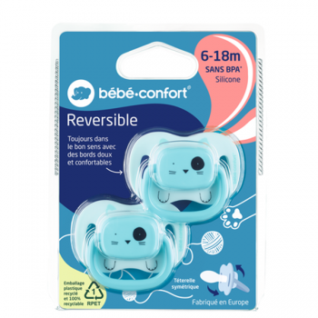 BEBE CONFORT 2 SUCETTES REVERSIBLE ANIMALS BLEU 6-18 SILICONE