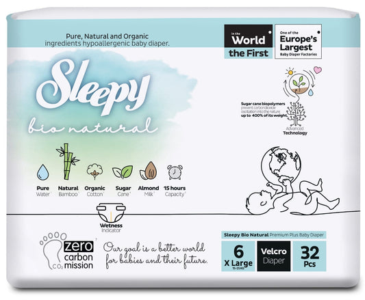 SLEEPY Bio Natural Diaper Double Jumbo XL T6, 15-25KG - Paquet de 32