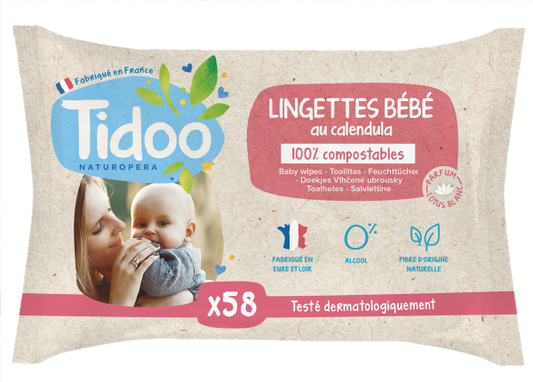 TIDOO LINGETTES BEBE ULTRADOUCES 100% COMPOSTABLE AU CALENDULA SANS PARFUN X 58