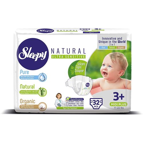 SLEEPY Natural couches bébés au Bambo hypoallergéniques Midi Plus T3+, 5-10KG-Paquet de 32